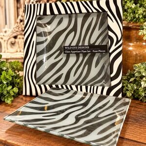 Wild Eye Designs Glass Appetizer Plate Set 4pc Zebra Print Black White Square